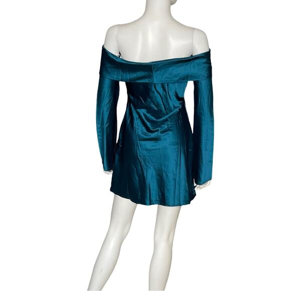 Lulus Luxurious Vision Teal Satin Off-the-Shoulder Mini Dress Women’s Sz S - Picture 5 of 10